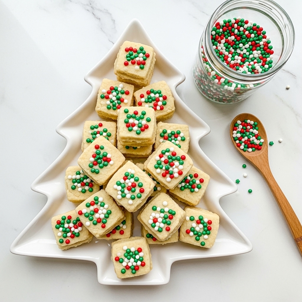 A white tree-shaped plate filled with many small square cookies, each topped with red, green, and white round sprinkles. The cookies have a pale, creamy color with a smooth texture, stacked to create a full and festive look. Near the plate, there is a glass jar and a wooden spoon both filled with the same colored sprinkles. The cookies and decorations are all placed on a white marbled surface. Photo taken with an iphone --ar 4:5 --v 7