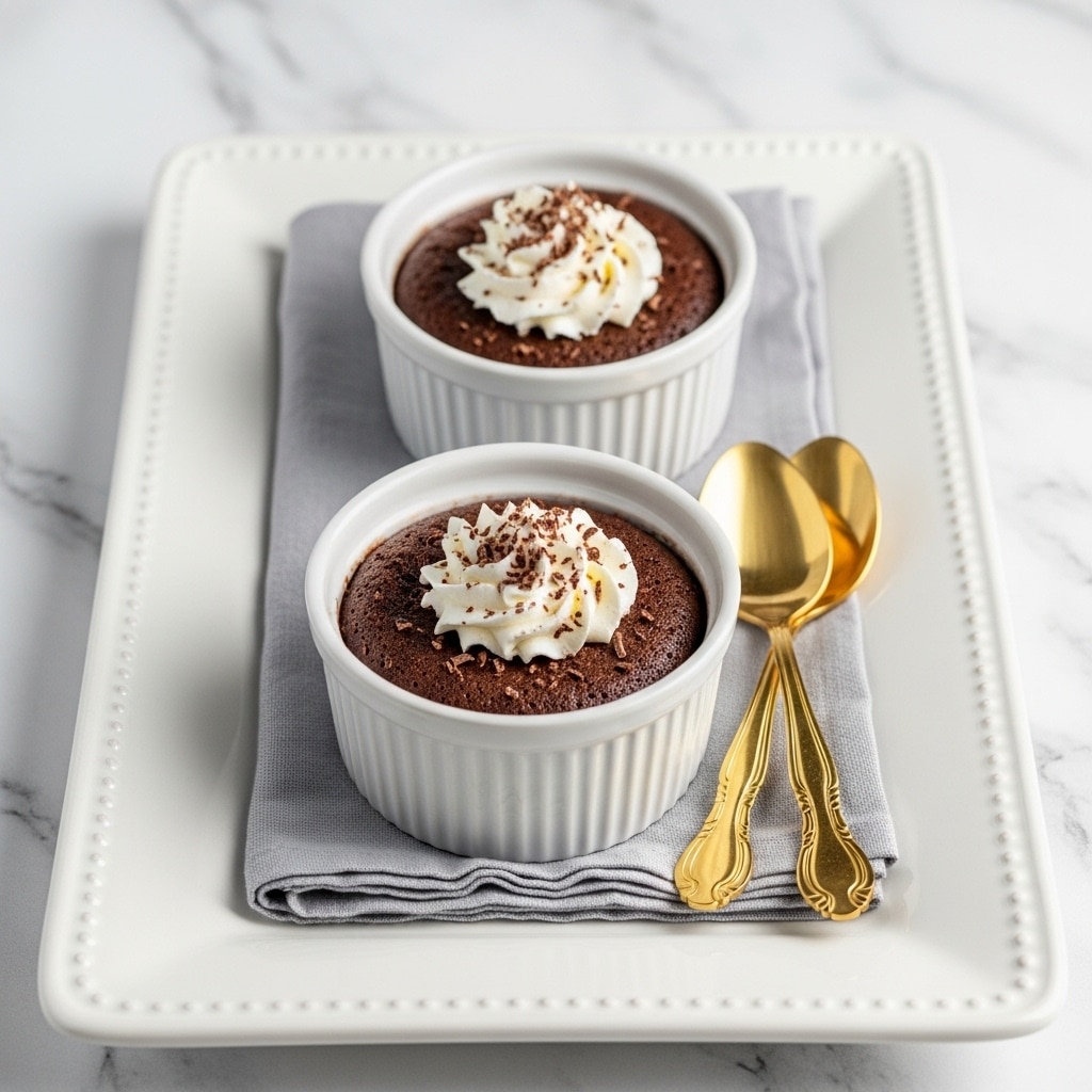 Two white ramekins sit side by side on a light gray cloth napkin, placed on a large white rectangular plate with simple embossed details on the edge. Each ramekin holds a dark brown chocolate dessert that looks smooth and moist, topped with a dollop of white whipped cream sprinkled with fine chocolate shavings. Next to the ramekins on the napkin are two shiny gold spoons with intricate handles. The background is a white marbled texture photo taken with an iphone --ar 4:5 --v 7