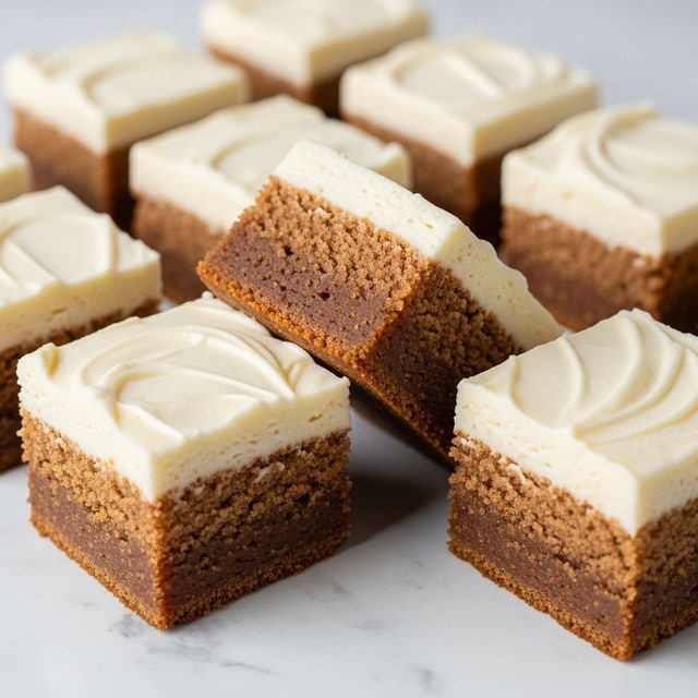 The image shows a close-up of square cake slices arranged on a white marbled surface. Each cake slice has two layers: a thick, moist-looking light brown base and a smooth, creamy white top layer with soft swirls. One slice is slightly lifted and tilted to show the distinct thickness of both layers clearly. The overall look is neat and clean, highlighting the creamy texture and soft brown color contrast of the cake. Photo taken with an iphone --ar 4:5 --v 7
