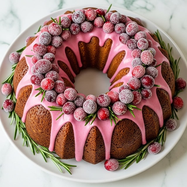 A round bundt cake with one visible layer has a golden-brown texture and is topped with smooth pink icing that swirls around its grooves, leaving parts of the cake surface exposed. It is decorated with whole fresh red cranberries and cranberries coated in sugar, which have a frosted look. Sprigs of green rosemary, also covered lightly with sugar, are placed evenly around the cake and its base. The cake sits on a large white plate with a slight green marble pattern underneath. Photo taken with an iphone --ar 4:5 --v 7