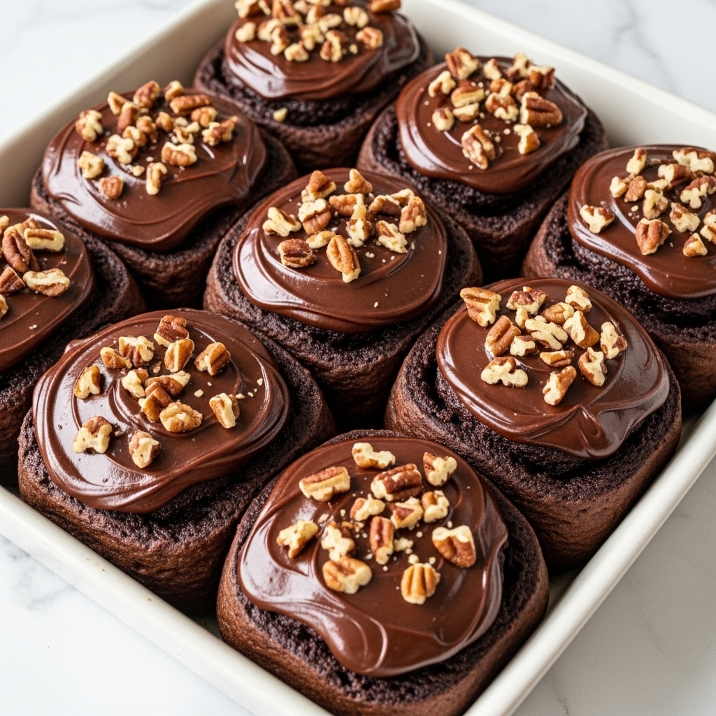Nine round chocolate rolls are closely placed in a baking dish with slightly raised edges, each roll covered with a thick, glossy layer of dark chocolate frosting that looks smooth and creamy. On top of the frosting, small pieces of pecans are scattered evenly, adding a bit of rough texture and a light brown color contrast. The rolls themselves have a dense, rich, and moist chocolate color with some visible swirls and a soft, slightly cracked surface. The dish sits on a white marbled surface. photo taken with an iphone --ar 4:5 --v 7