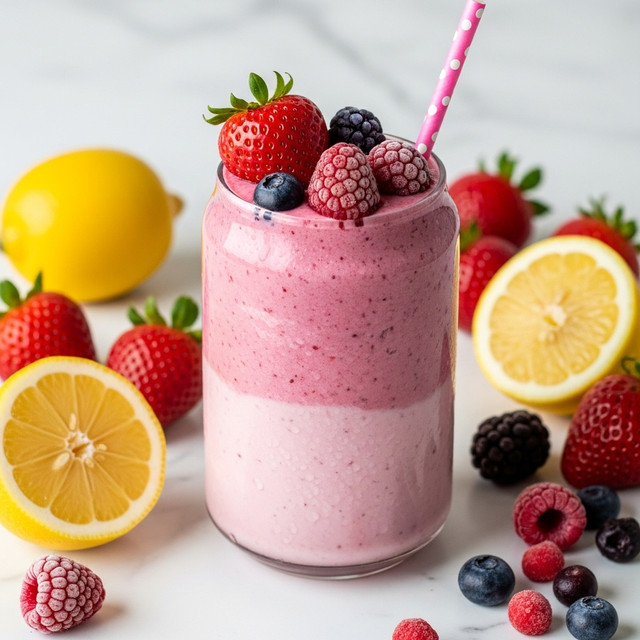 A tall clear glass shaped like a can holds a two-layer pink smoothie with a creamy texture. The bottom layer is a lighter pink, smooth and slightly frosted with condensation. The top layer is a deeper pink with visible berry specks, thicker and a bit textured, almost spilling over the rim. On top, four frozen berries—a large red strawberry, two red raspberries, and a small dark blueberry—are placed with a light dusting of frost. A pink straw with white polka dots stands upright in the glass at the back. Around the glass are whole and halved bright yellow lemons, red strawberries, and mixed frozen berries, all set against a white marbled surface. photo taken with an iphone --ar 4:5 --v 7