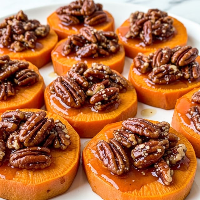 The image shows close-up slices of cooked sweet potatoes, each about one layer thick. The sweet potatoes are orange with a soft texture and are topped with a shiny, sticky glaze that looks like caramel or syrup. On top of each slice, there is a cluster of chopped pecans that appear glossy and coated with the same glaze, adding a rough texture. The sweet potatoes are arranged closely together on a white plate. The background is a white marbled surface. photo taken with an iphone --ar 4:5 --v 7