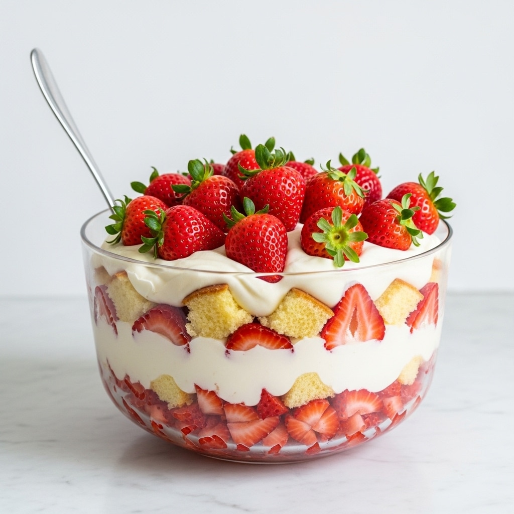 A large clear glass bowl filled with a layered dessert. The bottom layer contains chopped strawberries, bright red with a shiny texture, scattered evenly. Above this is a thick layer of smooth, white cream, followed by large, soft, yellow cake cubes mixed with more cream and strawberry slices. The dessert is topped with a generous amount of cream and whole ripe strawberries, some halved, all bright red with green leaves. A silver spoon stands inside the bowl on the left side. The bowl is placed on a white marbled surface. photo taken with an iphone --ar 4:5 --v 7
