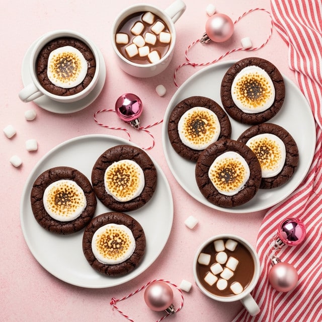 The image shows dark brown chocolate cookies with a single large toasted marshmallow on top of each, giving a spotted golden-brown and white texture. There are three white plates with cookies, each plate having around three to five cookies arranged neatly. Two cups of hot chocolate with small white marshmallows floating on top sit on the surface, near the cookies. The scene is set on a soft pink background, with a red and white striped cloth on the right side and pink Christmas ornaments connected by a thin string scattered between the plates and cups. The overall look is cozy with a festive touch. photo taken with an iphone --ar 4:5 --v 7