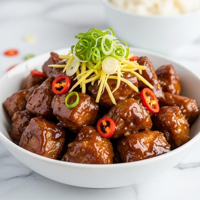The image shows a white bowl filled with a glossy, dark brown dish made of tender chunks of meat covered in a thick, rich sauce. On top, there is a small, neat pile of thinly sliced green onions and pale yellow ginger strips adding freshness and texture. Red chili pieces are also visible, adding bright spots of color. The bowl sits on a white marbled surface with a blurred background featuring a white bowl of white rice. Photo taken with an iphone --ar 4:5 --v 7