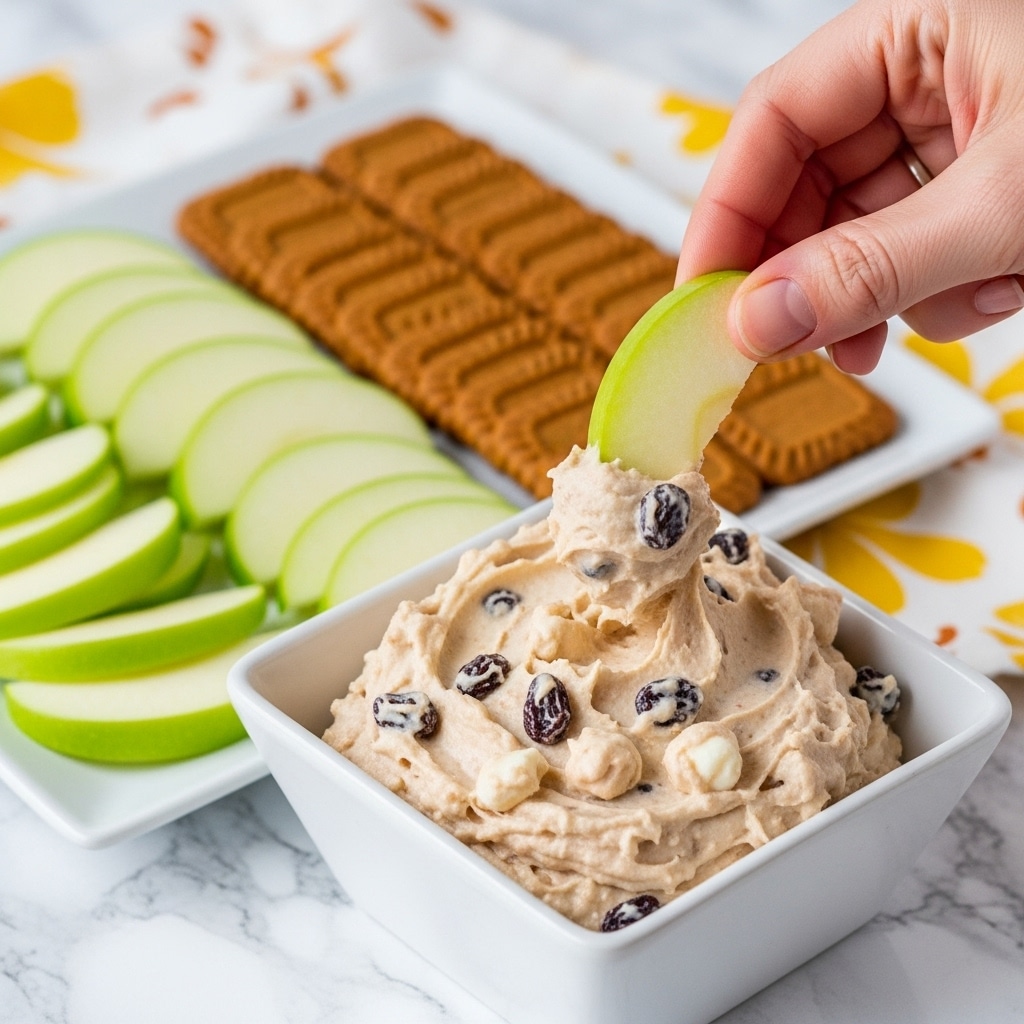 A woman's hand is dipping a slice of green apple into a white square bowl filled with a creamy, light brown dip that has visible dark raisins and small white chunks mixed in. Behind the bowl, there is a white rectangular plate with two neat rows: the front row contains thin, evenly sliced green apple wedges, and the back row has rectangular brown cookies arranged side by side. The background is a cloth with a white marbled texture and warm yellow and orange patterns. photo taken with an iphone --ar 4:5 --v 7