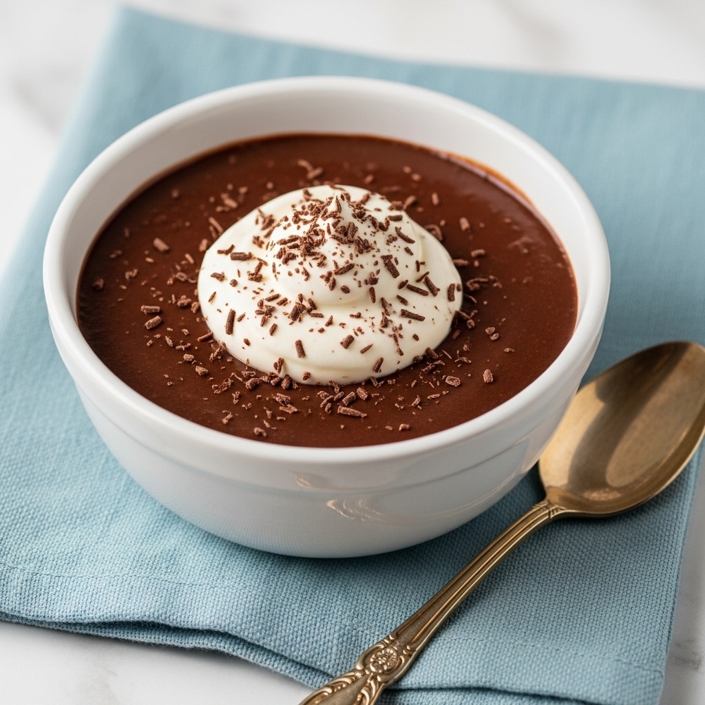 A white ceramic bowl holds a rich, dark brown chocolate pudding as the base layer, topped with a dollop of smooth, white whipped cream in the center. The whipped cream is sprinkled with fine, dark chocolate shavings, adding texture and contrast. The bowl sits on a light blue cloth napkin on a white marbled surface, accompanied by an ornate gold spoon placed next to it. The scene is softly lit, highlighting the creamy and smooth textures of the dessert. Photo taken with an iphone --ar 4:5 --v 7