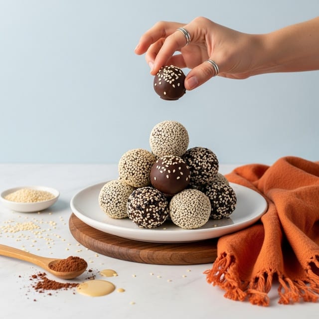 A white plate sits on a dark wooden board on a white marbled surface, stacked with round chocolate balls about two layers high. The balls are mostly dark brown with a smooth glossy texture, some are coated evenly in white sesame seeds and some in a mix of white and black sesame seeds. A woman's hand with two silver rings is lifting one dark brown ball with a few white sesame seeds on it above the plate. Scattered sesame seeds and a wooden spoon filled with cocoa powder lay on the surface near the plate with a small spill of creamy tan sauce. An orange cloth napkin with fringe edges is folded beside the plate, set against a plain light blue background. Photo taken with an iphone --ar 4:5 --v 7