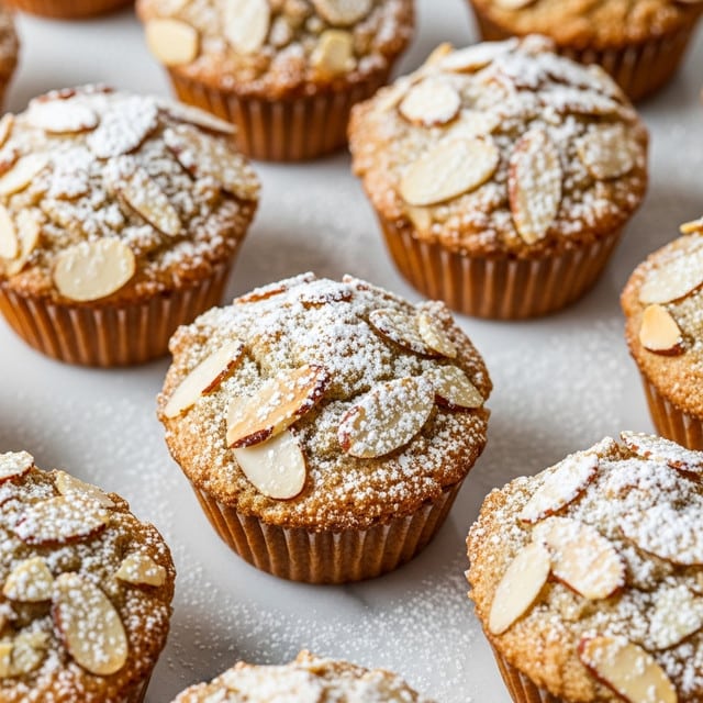 The image shows a close-up of multiple small muffins on a white marbled surface, each topped with sliced almonds and dusted with powdered sugar. The muffins have a golden brown crust with a textured crumbly top, and the almond slices are lightly toasted, adding a slight variation in color from pale cream to light brown. The powdered sugar is sprinkled unevenly, giving a snowy effect on the warm muffins. Photo taken with an iphone --ar 4:5 --v 7
