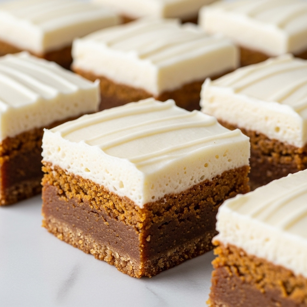 The image shows several square dessert bars arranged closely together on a white marbled surface. Each bar has two distinct layers: the bottom layer is thick, dense, and brown with a slightly grainy texture, resembling a pumpkin or spiced base, while the top layer is thick, creamy, and white with a smooth and slightly fluffy texture that looks like a whipped topping or frosting. The bars are neatly cut with clean edges, and some have faint horizontal lines on the top layer, adding texture detail. The focus is sharp on the front bar, with others softly blurred in the background. photo taken with an iphone --ar 4:5 --v 7