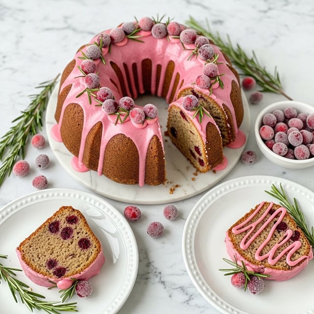 The image shows a bundt cake sliced with several pieces removed and placed on two white plates nearby. The cake has a light brown color with embedded red cranberries inside each slice. A pink glaze is drizzled over the top, flowing down the sides in uneven layers, adding a smooth and shiny texture that contrasts with the crumbly cake. On top of the cake and scattered on the white marbled surface are frosted cranberries and small green sprigs of rosemary for decoration. Each plate with a cake slice is also decorated with a frosting cranberry and a rosemary sprig, with one slice displaying a thin pink line of glaze on the top shaped like a zigzag. A small white bowl holding more frosted cranberries sits near the cake. The whole scene presents a festive, colorful dessert arrangement. photo taken with an iphone --ar 4:5 --v 7