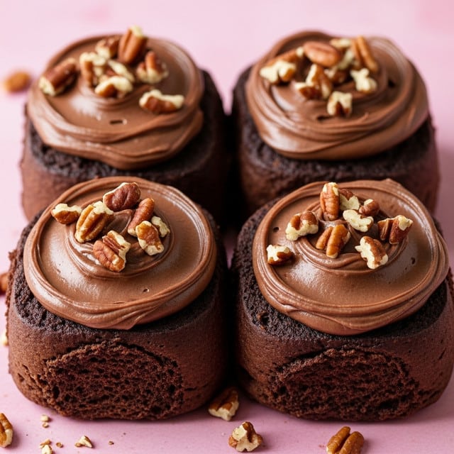 Four dark brown chocolate rolls are placed close together on a pink surface. Each roll has one thick, glossy layer of smooth chocolate frosting spread on top, swirling gently. Scattered over the frosting are uneven chunks of light brown pecans, adding a textured contrast. The rolls look soft with a slightly crumbly edge, and some pieces of nuts and crumbs are scattered around them. photo taken with an iphone --ar 4:5 --v 7