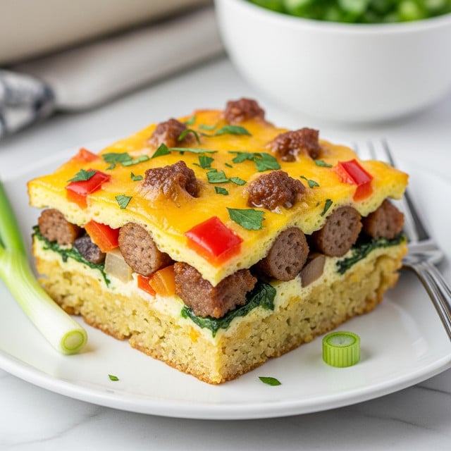A square slice of a layered egg casserole sits on a white plate, showing at least three distinct layers: the bottom is a golden, slightly crumbly base, the middle is filled with cooked vegetables and chunks of browned sausage, and the top is a melted, creamy cheese layer mixed with colorful red bell peppers and green herbs sprinkled on top. The casserole is textured with soft, baked egg and visible bits of mushrooms and spinach. A single sliced green onion piece lies next to the casserole, with a fork on the edge of the plate and a white bowl of chopped greens blurred in the background, all set on a white marbled surface. Photo taken with an iphone --ar 4:5 --v 7