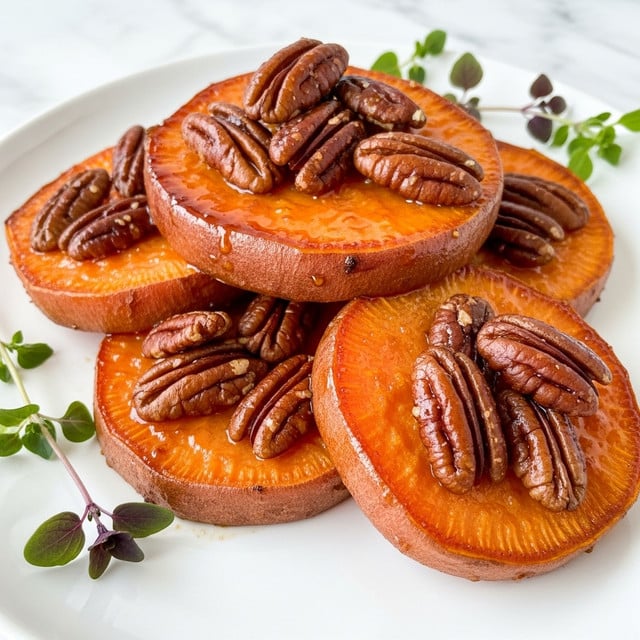 The image shows round slices of cooked sweet potato, about two layers thick, stacked slightly on a white plate. Each slice has a shiny, slightly caramelized orange surface with a sticky glaze coating that reflects light. On top of the sweet potato slices, there are clusters of toasted pecans with a rich brown color and glossy finish, adding texture and contrast. Fresh green sprigs of herbs with small purple leaves lie near the edge of the plate, adding a touch of color and freshness. The background is a white marbled texture. photo taken with an iphone --ar 4:5 --v 7