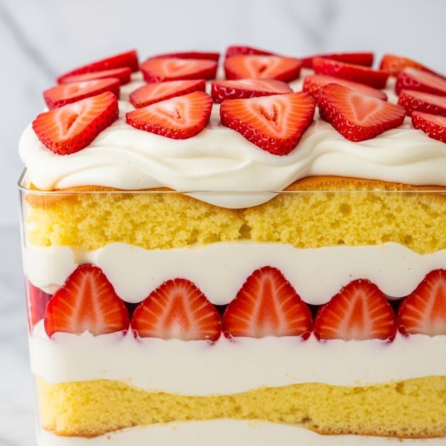 The image shows a close-up view of a layered dessert with three visible layers. The bottom layer is a golden yellow sponge cake, soft in texture. Above this is a thick layer of smooth white cream that partially covers the cake, with sliced bright red strawberries nestled into the cream. The next layer repeats the pattern with more sponge cake pieces above the strawberries. On top of this is another thick layer of white cream spreading over the cake, topped with more sliced strawberries arranged on the surface. The dessert is inside a transparent container, and the background has a white marbled texture. photo taken with an iphone --ar 4:5 --v 7