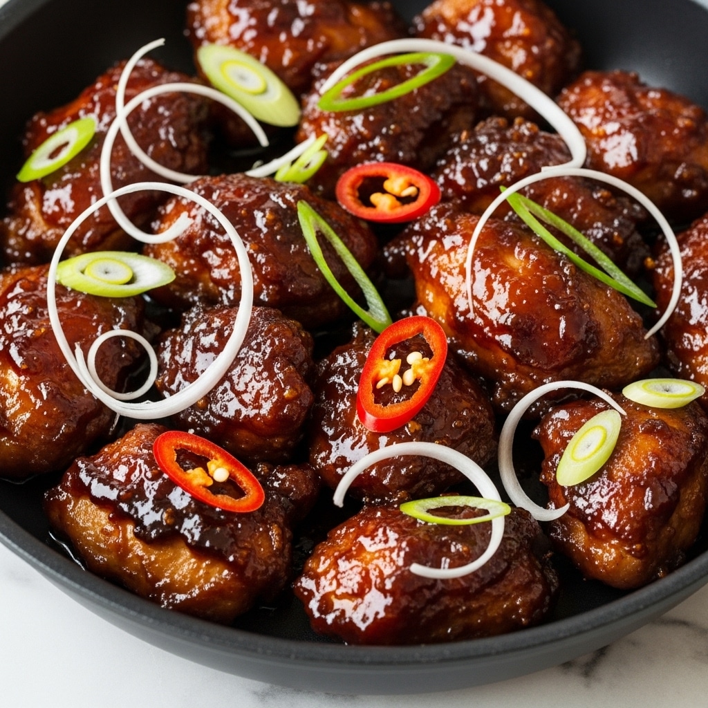 A close-up view of a dish showing many pieces of dark brown glazed chicken, each piece coated in a shiny, sticky sauce. The chicken is garnished with thin pale green strips of scallion curls and pale white scallion threads, along with a sliced red chili pepper showing its seeds. The food is in a black pan, placed on a surface with a white marbled texture. photo taken with an iphone --ar 4:5 --v 7