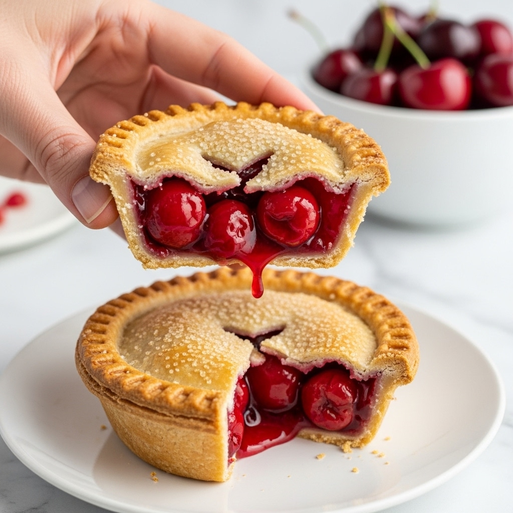 A close-up image showing a woman's hand holding a small pie cut in half, revealing a shiny, bright red cherry filling with whole cherries inside; the pie crust is golden brown, flaky, and sprinkled lightly with sugar on top, with the uncut half resting on a white plate beneath the held piece; the pie has a soft, crimped edge and a small slit on the top crust showing more red filling; in the blurred background, there is a white bowl filled with red cherries, all placed on a white marbled surface. photo taken with an iphone --ar 4:5 --v 7