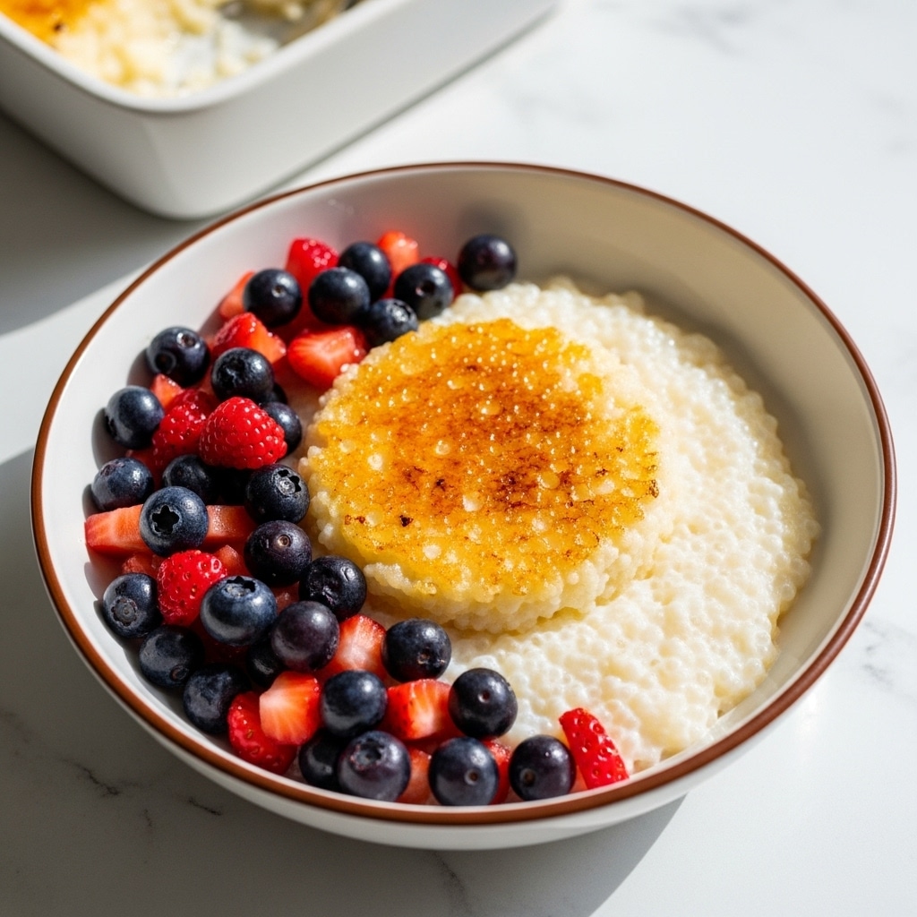 In a white bowl with a brown rim, there is a creamy, white rice pudding as the base layer, with a golden caramelized crust sitting slightly off-center on top. Along one side of the pudding is a layer of fresh mixed berries, including red chopped strawberries and dark blue blueberries, adding a pop of color and freshness. The bowl is placed on a white marbled surface with soft natural light highlighting the textures and colors of the dish. In the background, a white ceramic dish with the remaining pudding can be seen slightly out of focus. photo taken with an iphone --ar 4:5 --v 7