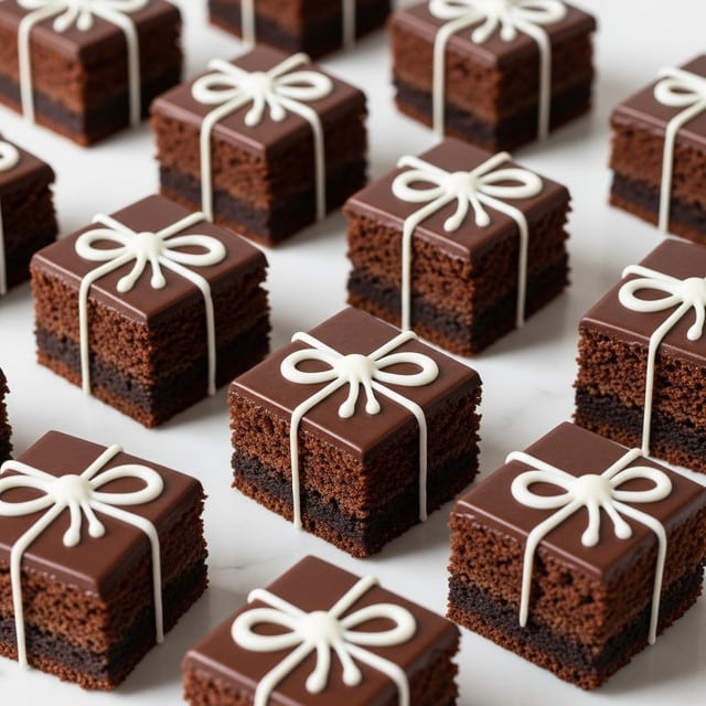 The image shows many square chocolate brownies placed on a white marbled surface, each with two dark brown layers of moist cake and a smooth, shiny chocolate frosting on top. On the top of each brownie, there is a white icing decoration that looks like a simple bow with loops and a knot in the center. The brownies are arranged randomly with slight shadows highlighting their rich texture. photo taken with an iphone --ar 4:5 --v 7