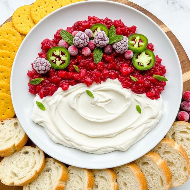 A close-up of a dish showing two main layers: the bottom layer is smooth and white with a creamy texture, spread evenly on a white plate; the top layer is chunky and bright red with pieces of mixed finely chopped ingredients, including small orange bits and green herb sprinkles, creating a textured look; a few slices of fresh green jalapeño peppers with visible seeds rest on top adding color and contrast; some red liquid slightly blends between the two layers, all set against a white marbled surface. photo taken with an iphone --ar 4:5 --v 7
