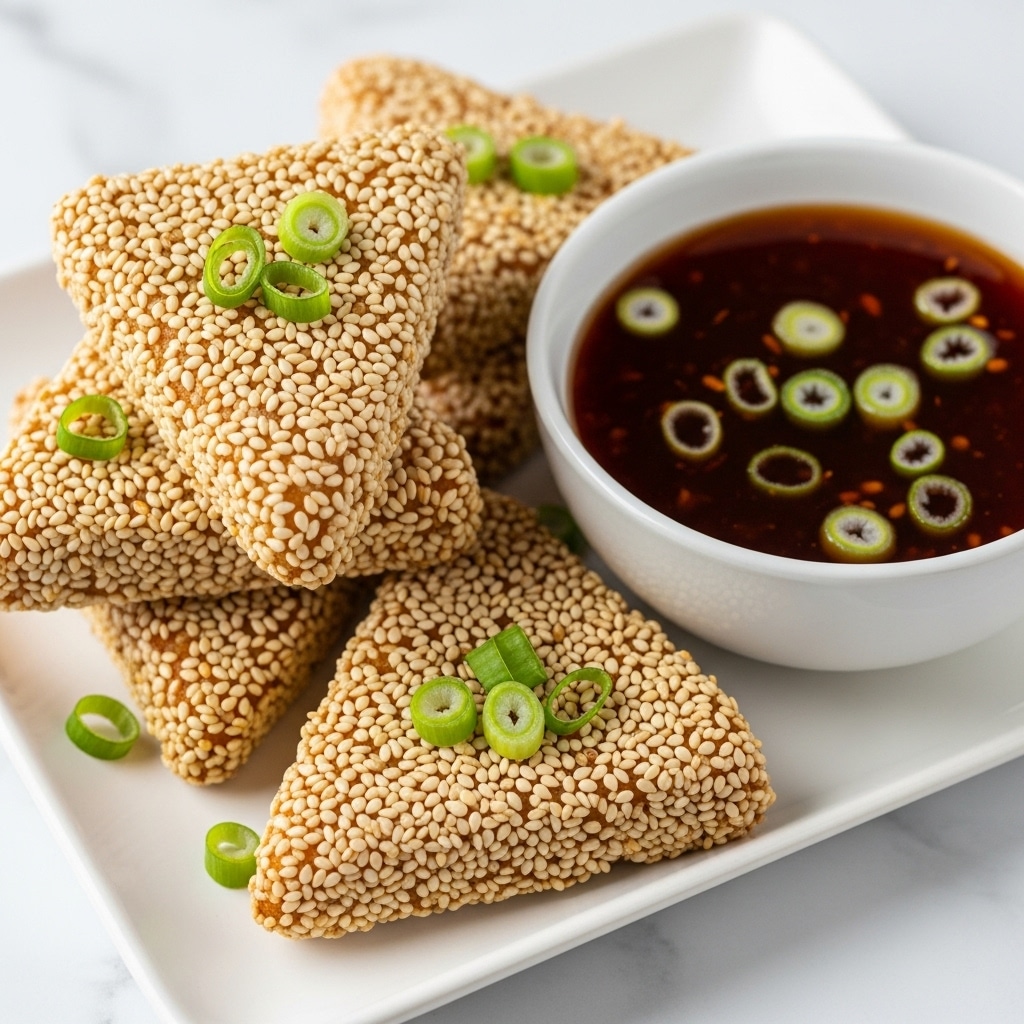 A close-up of triangular sesame-coated fried snacks stacked in a white dish, each one covered completely with light tan sesame seeds and sprinkled with small green onion rings on top, next to a small white bowl filled with a dark reddish-brown dipping sauce that also has green onion rings floating in it, all placed on a white marbled surface. photo taken with an iphone --ar 4:5 --v 7