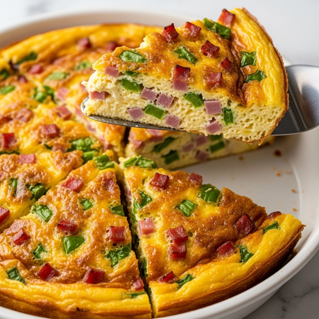 The image shows a close-up of a slice of a golden brown baked egg dish being lifted by a silver spatula. The dish is cut into several triangular slices with a top layer that is crispy and browned. Underneath the crust, the texture looks soft and moist with visible pieces of pink ham and green chopped vegetables like scallions or peppers spread evenly throughout. The baked egg has a fluffy and slightly dense look, with a mix of creamy white and yellow shades inside. The dish is in a round white pan sitting on a white marbled surface. Photo taken with an iphone --ar 4:5 --v 7