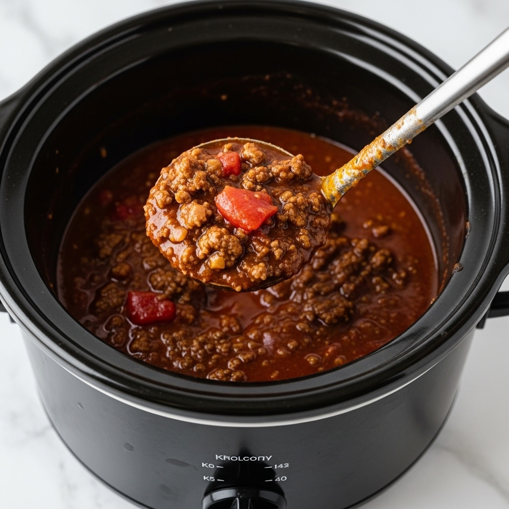 The image shows a close-up view of a slow cooker filled with a rich, thick meat sauce. The sauce has a deep red color with chunks of browned ground meat evenly mixed throughout. The surface has a slight oily shine, giving it a juicy and moist look. A single bay leaf rests on top near the center, adding a touch of green-brown color contrast. The black inner pot of the slow cooker surrounds the sauce, reflecting some light and enhancing the vibrant colors of the sauce inside. The whole scene is set against a soft white marbled surface. photo taken with an iphone --ar 4:5 --v 7
