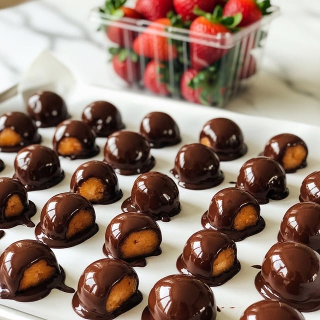 The image shows many small pieces of fruit covered in smooth, shiny dark chocolate, placed on white parchment paper lining a tray. Each chocolate piece has a rich, glossy surface with some chocolate dripping slightly around the edges. The fruit pieces inside look round or slightly irregular in shape, visible through the thin chocolate layer. In the background, there is a clear plastic container filled with bright red strawberries with green leaves, sitting on a white marbled surface. photo taken with an iphone --ar 4:5 --v 7