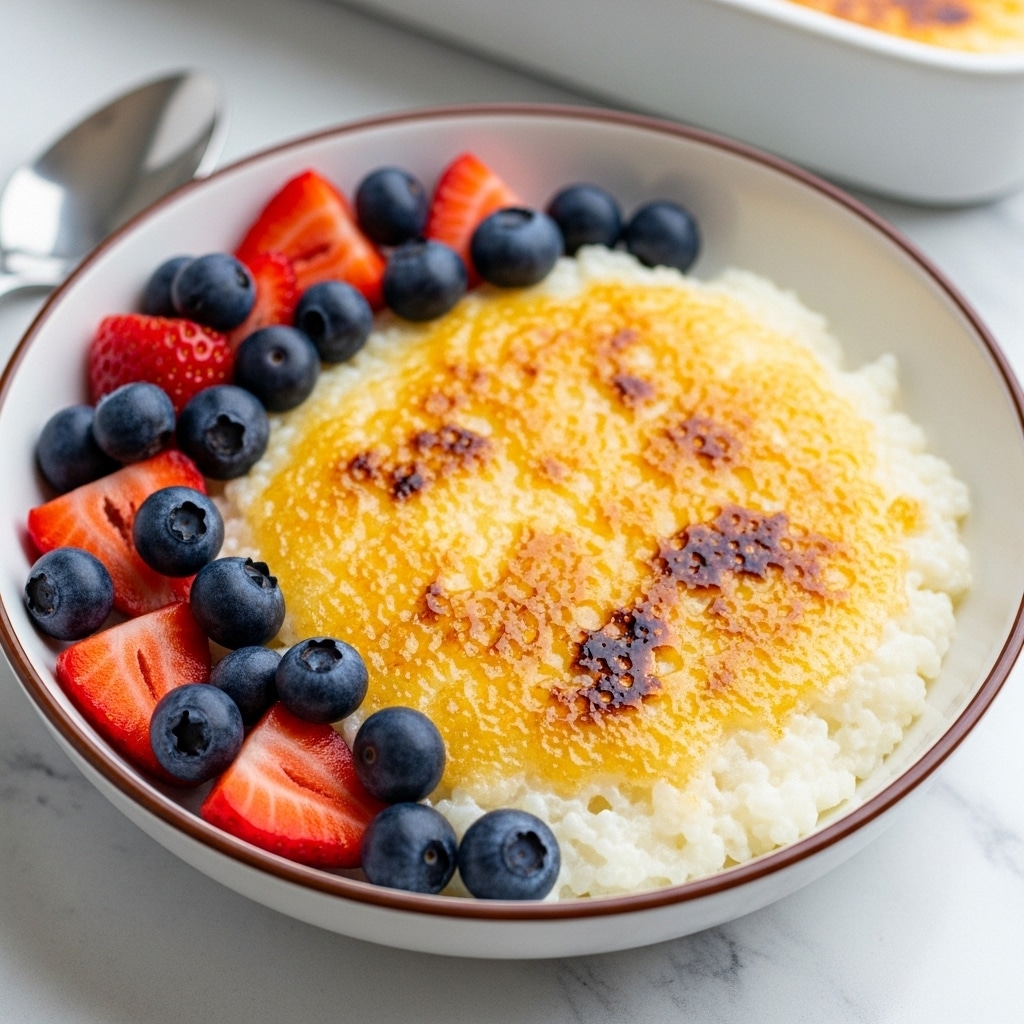The dish is served in a white bowl with a brown rim, placed on a white marbled textured surface. Inside, there is a creamy white rice pudding layer at the bottom, topped with a golden, caramelized sugar crust that is slightly uneven in shape and glossy in texture. Along one side of the bowl, there is a layer of fresh red strawberry slices and whole dark blue blueberries, adding vibrant colors and a fresh texture contrast. In the background, a white baking dish with a caramelized surface is visible, slightly out of focus. Photo taken with an iphone --ar 4:5 --v 7