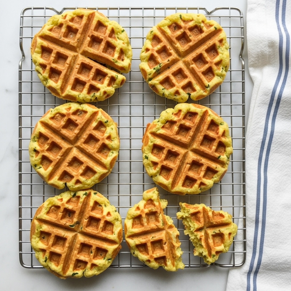 The image shows six golden-brown waffles with a crispy texture, all placed on a metal cooling rack over a white marbled surface. Five waffles are whole and round with a grid pattern, and one waffle is broken into pieces showing a soft inside. The waffles have small green flecks, possibly herbs, scattered throughout the dough. To the right, there is a white and blue striped cloth partially visible, adding a cozy touch to the scene. The waffles look freshly cooked, with a nicely browned exterior and light, fluffy interiors. Photo taken with an iphone --ar 4:5 --v 7
