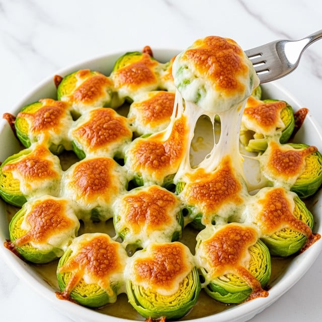 A white round dish filled with multiple halves of bright green Brussels sprouts, topped with a golden brown melted cheese layer that covers all the sprouts evenly. The cheese has a slightly bubbly texture with some browned spots scattered around, adding a crispy look. A metal fork is lifting one cheese-covered Brussels sprout half, showing melted cheese stretching softly from the dish. The background is a white marbled texture. photo taken with an iphone --ar 4:5 --v 7
