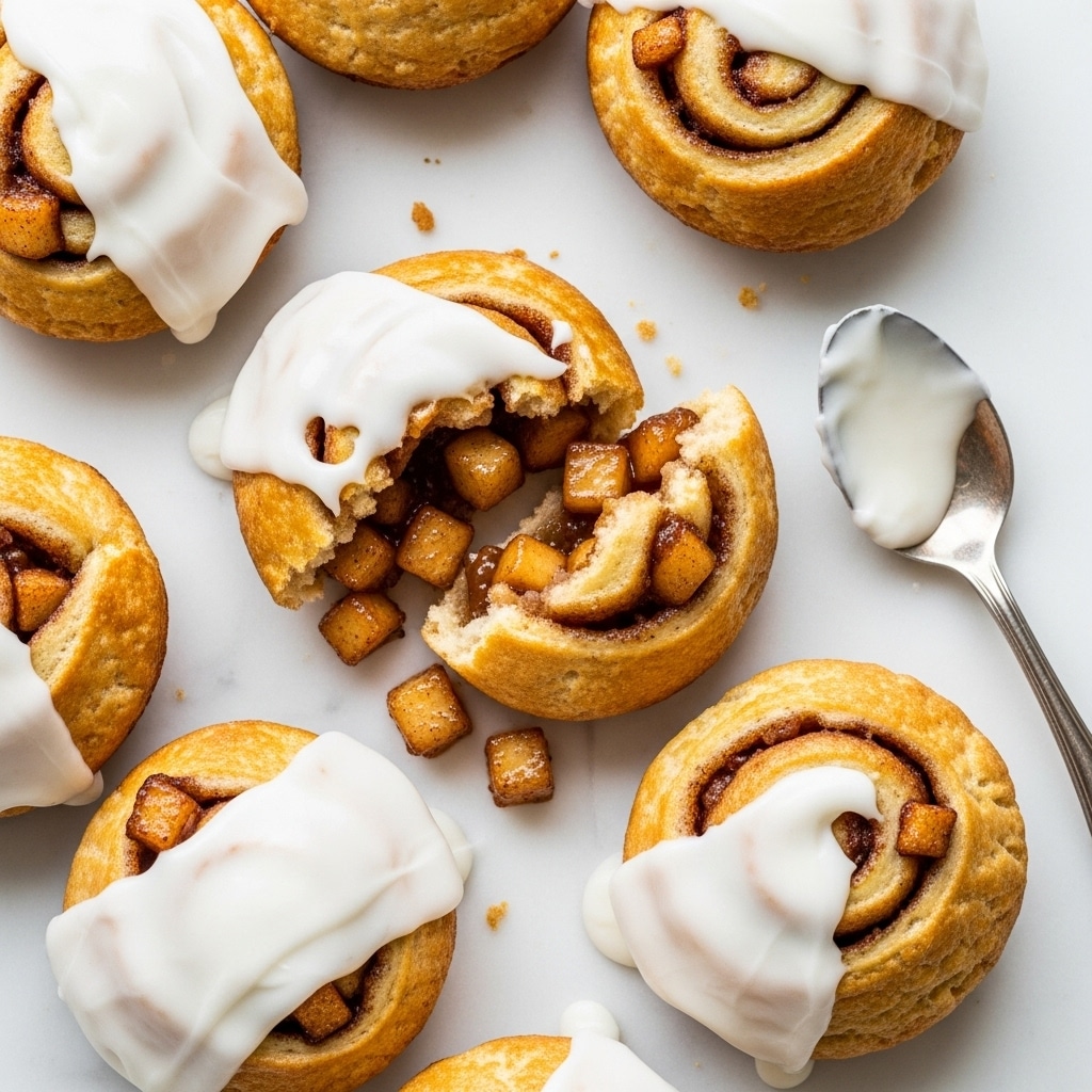 Round golden-brown hand pies with a slightly glossy surface, some showing small bits of baked fruit inside. Each hand pie is topped with thick white icing that covers part of the top in an uneven layer. One hand pie is broken open, revealing soft, small cubes of brown and caramel-colored cooked apple filling spilling out. The pies lie directly on a white marbled surface, with a small silver spoon beside them holding a bit of the white icing. Photo taken with an iphone --ar 4:5 --v 7