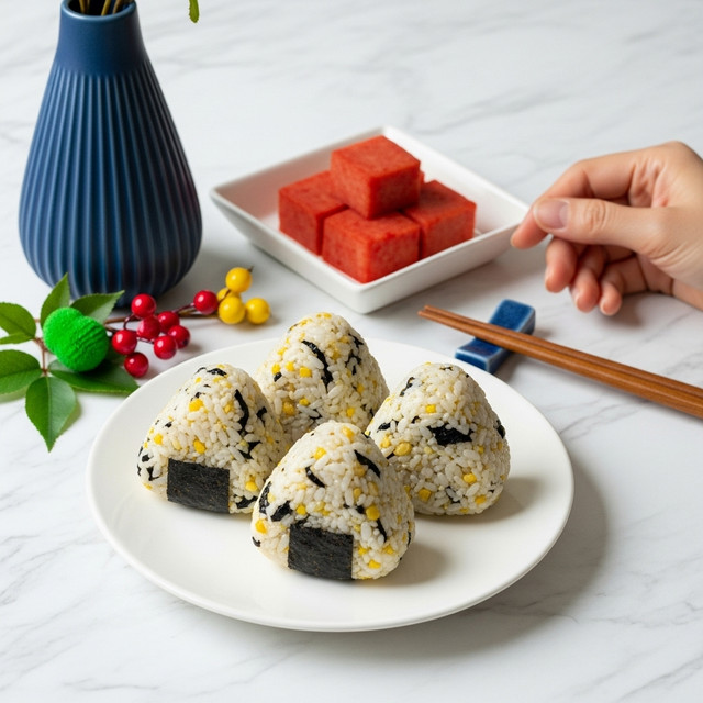 Four triangular rice balls sit on a white plate placed on a white marbled surface. Each rice ball has a mix of white rice, small black seaweed pieces, and tiny yellow bits creating a speckled pattern throughout. The rice balls are neatly shaped, smooth, and slightly glossy. Nearby, a square white dish holds several red cubes, and a dark blue vase with ridges stands next to small colorful decorations including green leaves and red berries. The scene includes a woman's hand holding wooden chopsticks resting on the white marbled texture. photo taken with an iphone --ar 4:5 --v 7
