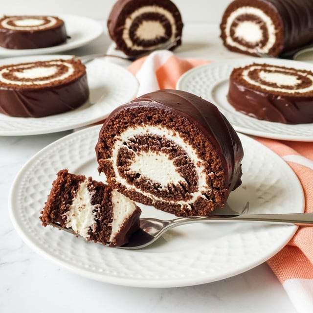 A close-up of a chocolate Swiss roll slice on a white plate. The roll has three visible layers: a dark brown, moist chocolate cake layer rolled tightly with a thick white cream filling spiraling through the center. The outside of the roll is coated with a rich, glossy dark chocolate ganache. A fork with a piece of the Swiss roll is placed on the plate, showing the soft texture of the cake and cream. Around it, three more slices of the Swiss roll sit on white plates with subtle embossed patterns, all placed on a white marbled surface. A peach and white cloth is softly folded beside the plate. Photo taken with an iphone --ar 4:5 --v 7
