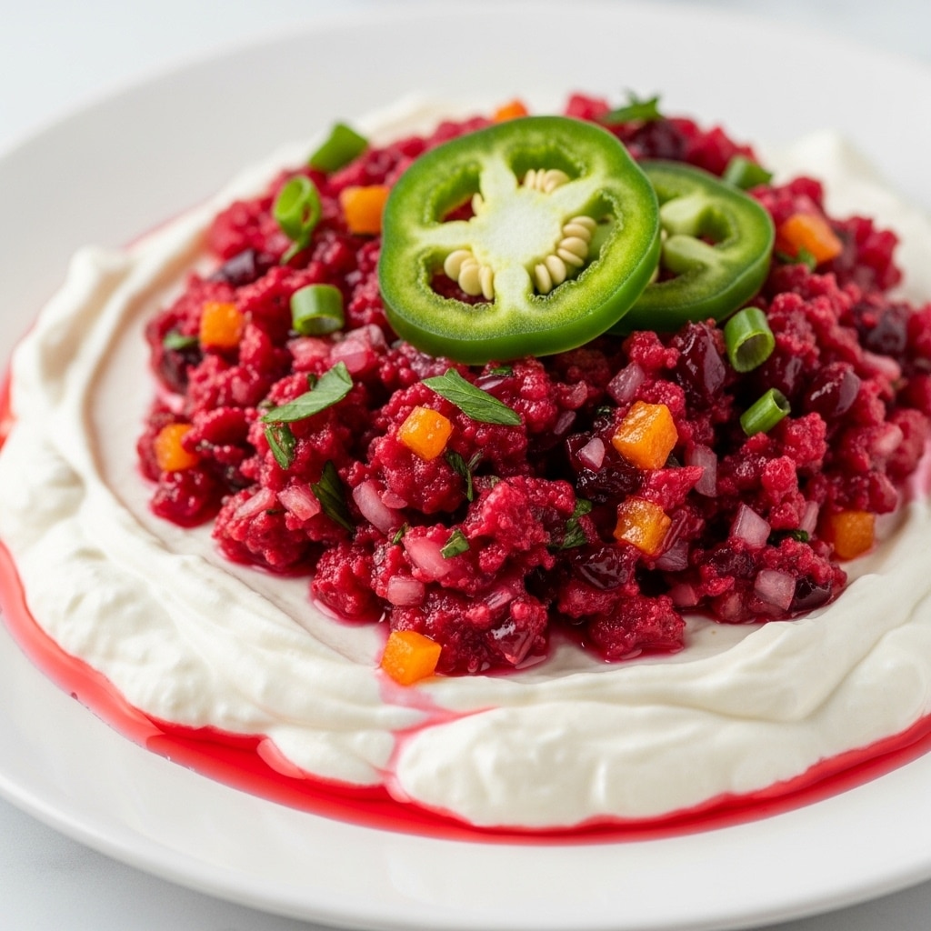 A white plate holds a two-layer dip with the bottom layer smooth and creamy, pure white, swirled thickly around the edges. The top layer is a chunky, bright red fruit mixture with visible pieces of fruit and seeds, spread evenly over the white layer. On top of the red layer, there are thin slices of green jalapeño scattered around, along with a few frosted red berries and small green mint leaves for garnish. The plate sits on a wooden board with slices of crusty white bread arranged in a semi-circle at the bottom, and several yellow round crackers visible in the upper left corner. The background is a white marbled texture. photo taken with an iphone --ar 4:5 --v 7
