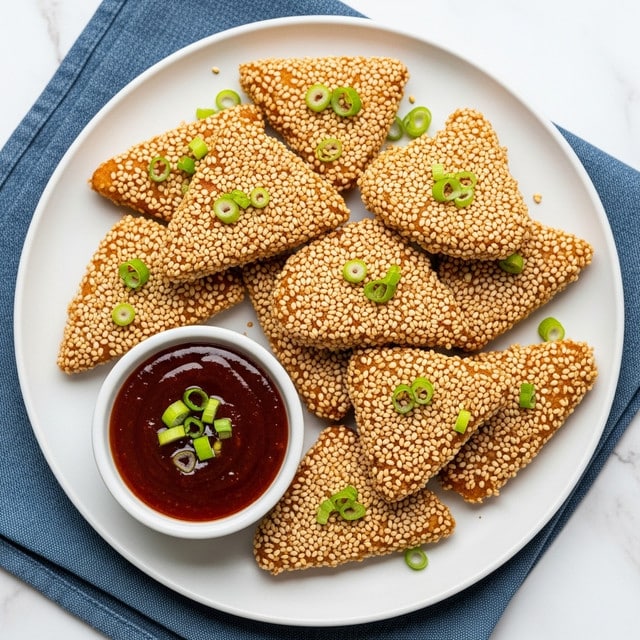 A round white plate holds about fourteen triangular sesame-coated pieces stacked loosely with some overlapping, each piece is golden-brown and covered fully with small white sesame seeds, sprinkled with small green onion slices on top. On the plate, at the bottom left, a small white round bowl filled halfway with dark red dipping sauce also sprinkled with green onion slices. The plate sits on a blue cloth napkin, and all rests on a white marbled surface. photo taken with an iphone --ar 4:5 --v 7
