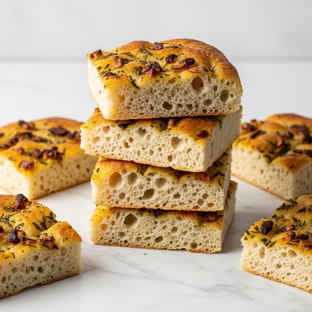 The image shows five pieces of focaccia bread with a golden-brown crust and a soft, airy interior. Three pieces are stacked in the center, with one on the bottom, one in the middle, and one on top, all showing a light, porous texture with visible herbs and small bits of caramelized garlic or onions baked into the surface. Two more pieces are placed on the white marbled surface around the stack. The bread has a rough, uneven crust with herbs scattered on top, adding texture and color contrast between the light inside and the darker outer edges. Photo taken with an iphone --ar 4:5 --v 7
