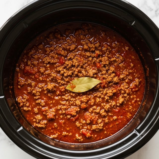 A close-up image of a black slow cooker filled with thick chili. The chili is rich and chunky with visible ground beef and small pieces of red tomato, all soaked in a deep red sauce. A large metal ladle, coated with some chili on its handle, lifts a scoop of the chili above the cooker, showing its thick texture and meaty contents. The cooker sits on a white marbled surface. photo taken with an iphone --ar 4:5 --v 7