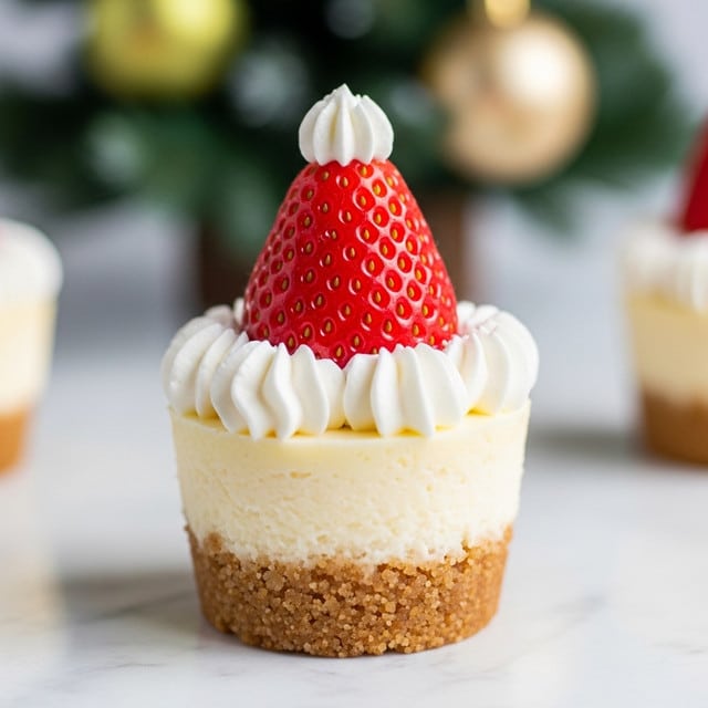 A small cupcake with three layers stands on a white marbled surface. The bottom layer is a golden brown crumb base with a crumbly texture. Above it sits a creamy, pale yellow cheesecake layer that is smooth and firm. The top layer is white whipped cream piped around the cheesecake's edge, making a soft crown. At the center of the whipped cream sits a bright red strawberry, shaped like a cone, with tiny yellow seeds and a shiny surface. A small dollop of white cream tops the strawberry like a hat. In the background, there is a blurred green and gold Christmas tree decoration. photo taken with an iphone --ar 4:5 --v 7