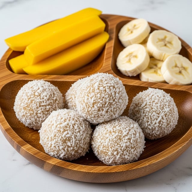 A wooden divided plate sits on a white marbled texture, holding five round balls covered in shredded white coconut in the largest section at the front. In the back left section, there are three thick sticks of bright yellow mango. The back right section holds several round slices of white banana. The texture of the coconut balls looks soft and slightly coarse. photo taken with an iphone --ar 4:5 --v 7