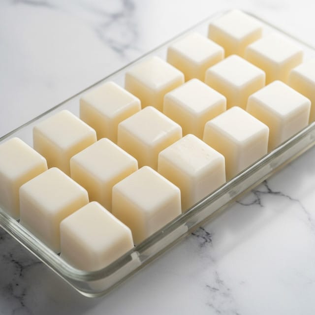 The image shows small rectangular white jelly-like blocks neatly arranged in a clear rectangular dish placed on a white marbled surface. Each block is smooth, glossy, and slightly translucent, with no visible layers or colors except the creamy, milky white. The jelly blocks are uniform in size and shape, sitting close to each other with slight gaps between them. The surface of each block reflects light softly, highlighting their moist texture. Photo taken with an iphone --ar 4:5 --v 7