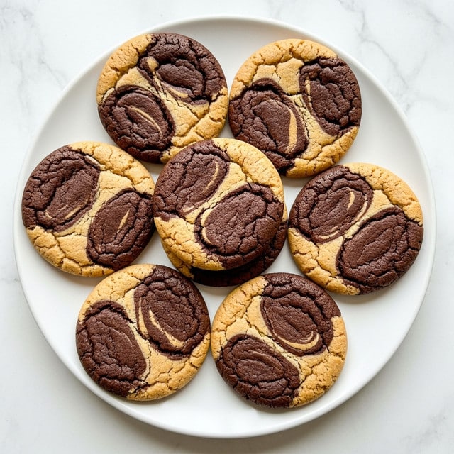 A white plate holds several round cookies with a swirled pattern of two colors: dark brown and light tan. Each cookie has a cracked, slightly rough surface showing the mix of chocolate and peanut butter dough. The swirls create a flowing, twisted design across the top of each cookie. The plate sits on a white marbled textured surface, giving a clean and simple background to the rich colors of the cookies. photo taken with an iphone --ar 4:5 --v 7