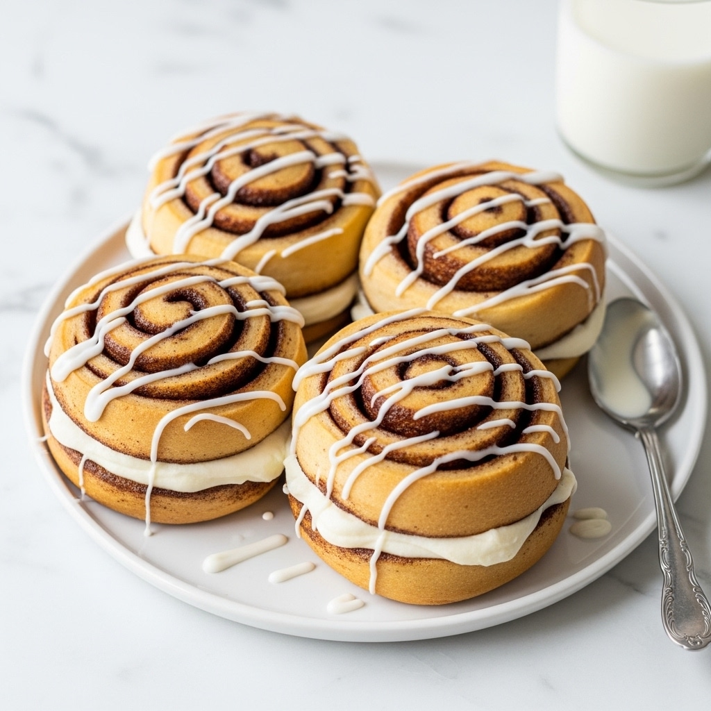 Three cinnamon rolls sit closely on a white round plate placed on a white marbled surface. Each roll has multiple spiral layers of golden brown dough mixed with darker cinnamon streaks. A thick layer of white cream cheese frosting is sandwiched in the middle of each roll, slightly oozing out. On top, white icing is drizzled in parallel lines across the rolls’ spirals. A silver spoon with some white frosting rests beside the rolls on the plate, and a glass of milk is partly visible in the upper right corner. photo taken with an iphone --ar 4:5 --v 7