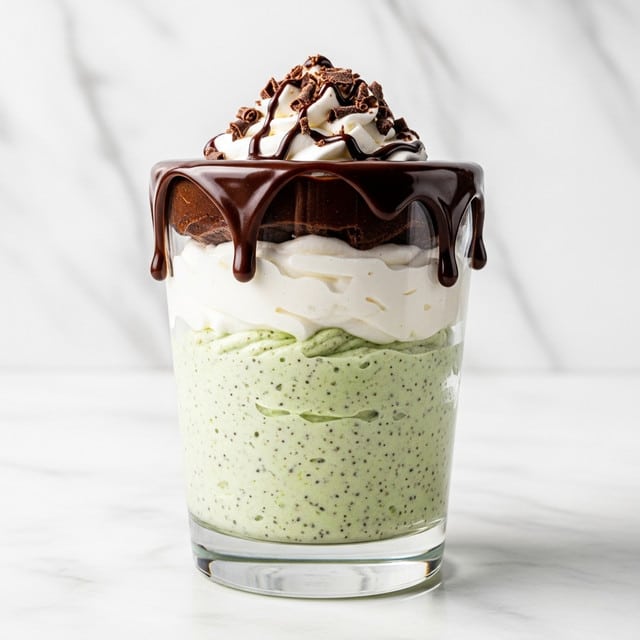 A clear glass holds a three-layered dessert starting with a bottom layer of pale green creamy mixture with tiny dark specks throughout, giving it a slightly rough texture. Above this is a thick, fluffy white whipped cream layer that looks soft and cloud-like. The top layer is a shiny dark brown chocolate shell, dripping a little over the glass edge, with some chocolate drizzle and small chocolate shavings on a dollop of whipped cream peeking out beneath it. The background is a white marbled texture. photo taken with an iphone --ar 4:5 --v 7
