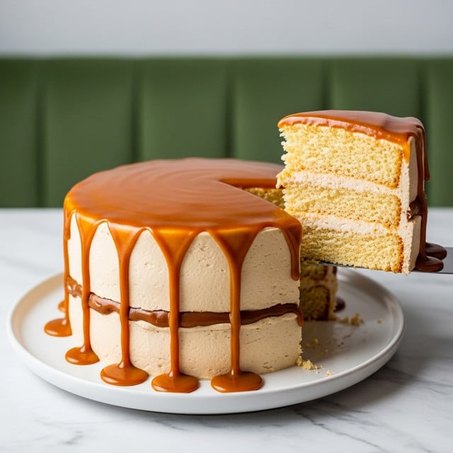 A two-layer round cake sits on a white plate, with light beige sponge layers and a thick, smooth light tan frosting layer between and covering the cake. The top and sides are covered in a shiny caramel sauce that drips down in thick, glossy drips, pooling slightly at the base. A slice is being lifted by a spatula, showing the soft, airy texture of the sponge inside. The setting includes a white marbled surface and a green cushioned background. photo taken with an iphone --ar 4:5 --v 7