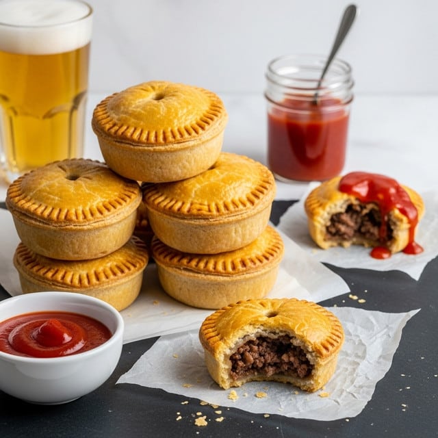 A small round meat pie sits on a white plate with a silver fork resting beside it. The pie has a golden brown, flaky top crust with a slightly cracked edge, revealing dark brown pieces of stewed meat in rich gravy spilling out. In the background, several more whole pies with shiny golden tops are stacked on white parchment paper. To the left, a white bowl filled with smooth, vivid red ketchup sits on a white marbled surface. To the right, there is a clear glass of light golden beer with a frothy white head. photo taken with an iphone --ar 4:5 --v 7