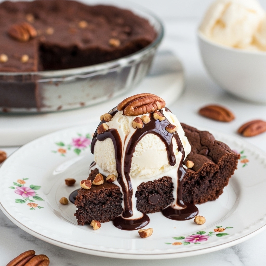 A slice of dark brown chocolate chip cookie pie sits on a white plate with a floral pattern, showing a soft and gooey texture inside. On top of the slice is a scoop of creamy vanilla ice cream with smooth, slightly melting edges. Dark chocolate syrup is drizzled over the ice cream and pie, with small chopped nuts sprinkled around and a whole pecan placed on top of the ice cream. In the blurred background, there is the rest of the cookie pie in a glass pan and a bowl of vanilla ice cream. The plate is on a white marbled surface with some scattered pecans nearby. Photo taken with an iphone --ar 4:5 --v 7