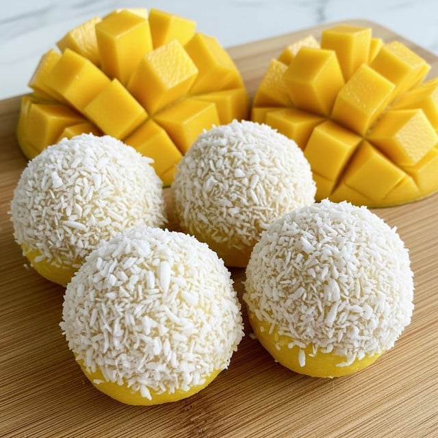 Four round balls covered in white shredded coconut are placed on a light brown wooden board. Each ball has a yellowish base beneath the white coconut flakes, showing a soft texture. Behind the balls, there are three pieces of bright yellow mango cut into rectangular shapes, adding a fresh and juicy look. The overall setting is simple and natural, highlighting the light colors and textures of the coconut and mango. photo taken with an iphone --ar 4:5 --v 7