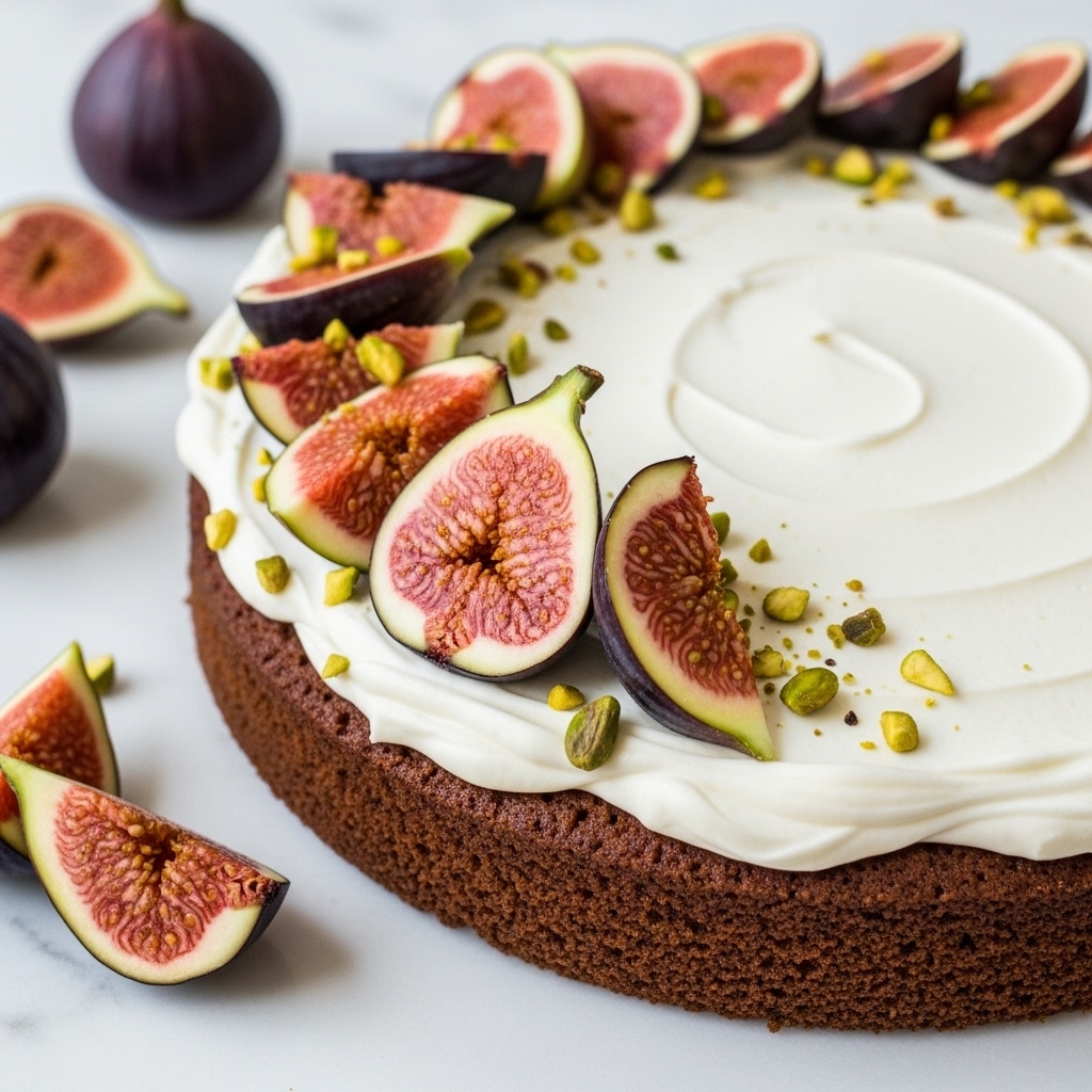 A close-up view of a round cake with one visible thick brown layer at the bottom, topped with a smooth, thick white cream layer spread evenly. On top of the cream, several slices of fresh figs with a pinkish-red inside, greenish outer edges, and dark skins are arranged loosely around the edge. Small bits of crushed pistachios are sprinkled over the cream and fruit, adding a touch of green and yellow contrast. The cake rests on a white marbled surface with a few fig slices and whole figs scattered around. photo taken with an iphone --ar 4:5 --v 7